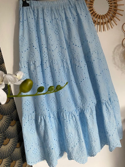 ENSEMBLE JUPE ET GILET BOHEME BLEU  36/42  BRODERIE ANGLAISE