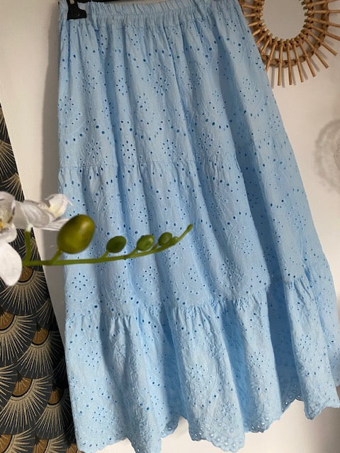 ENSEMBLE JUPE ET GILET BOHEME BLEU  36/42  BRODERIE ANGLAISE