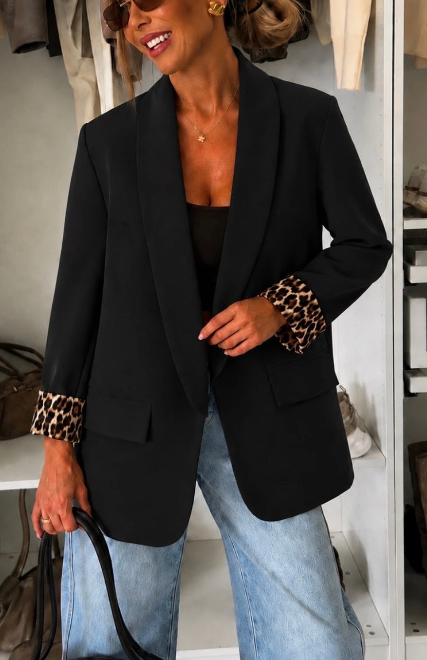 VESTE BLAZER REVERS LEOPARD    NOIR  TU 36/44