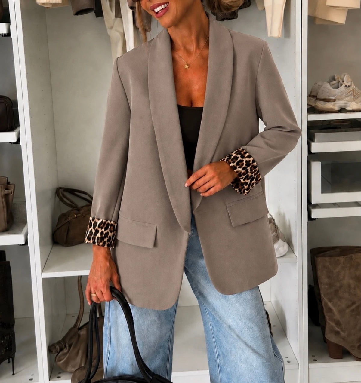 VESTE BLAZER REVERS LEOPARD    TAUPE  TU 36/44