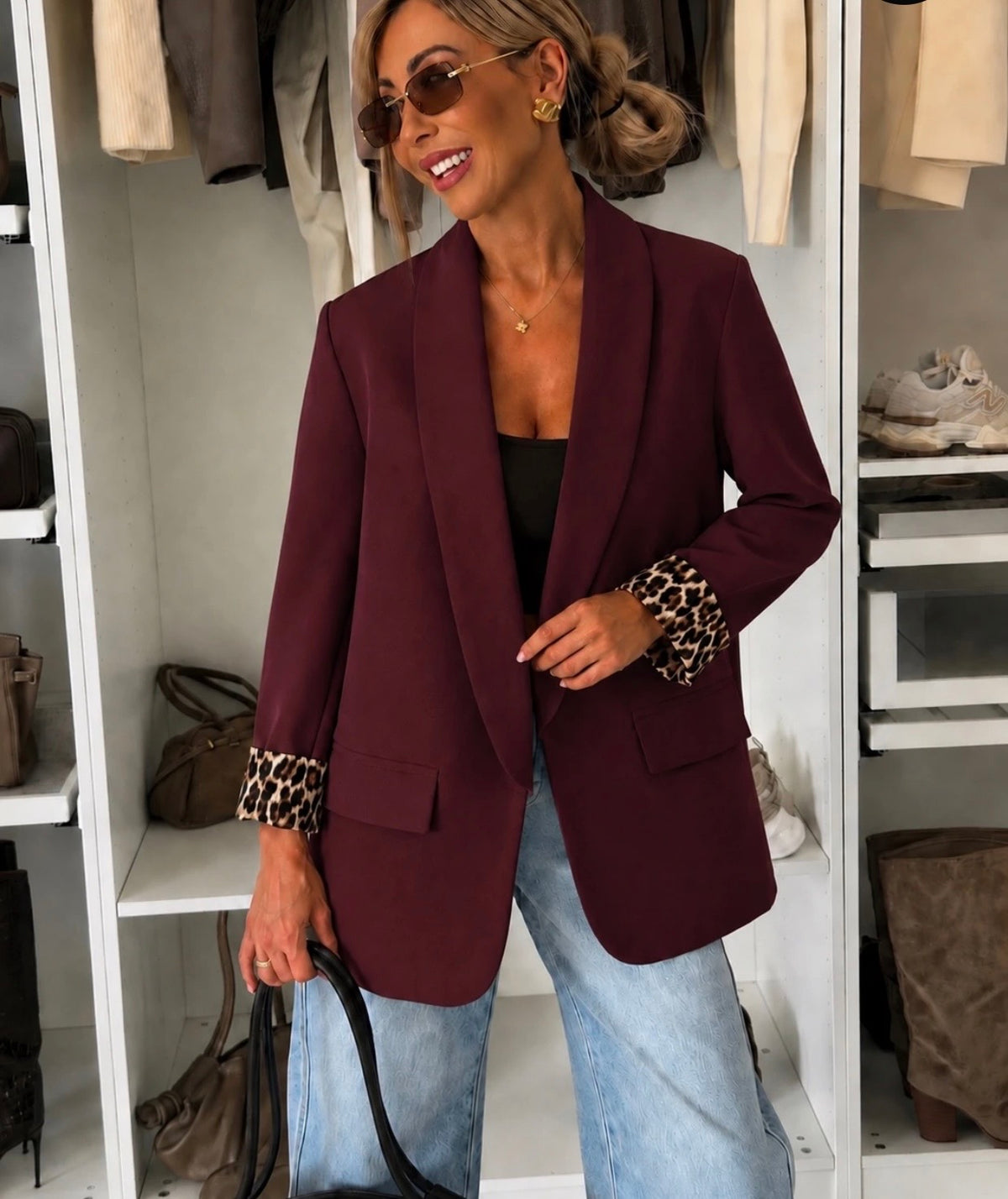 VESTE BLAZER REVERS LEOPARD   BORDEAUX  TU 36/44