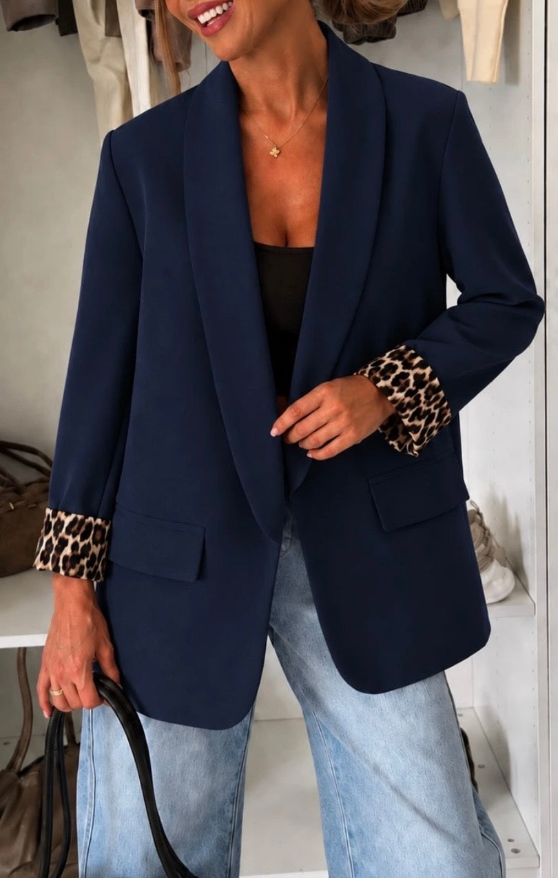 VESTE BLAZER REVERS LEOPARD   BLEU MARINE  TU 36/44