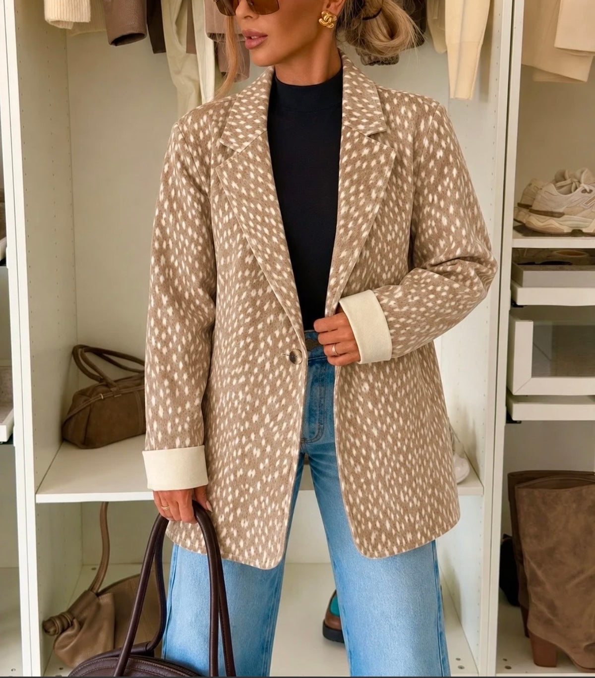 VESTE MI LONGUE SUEDINE IMPRIME BICHE  BEIGE TU 36/44