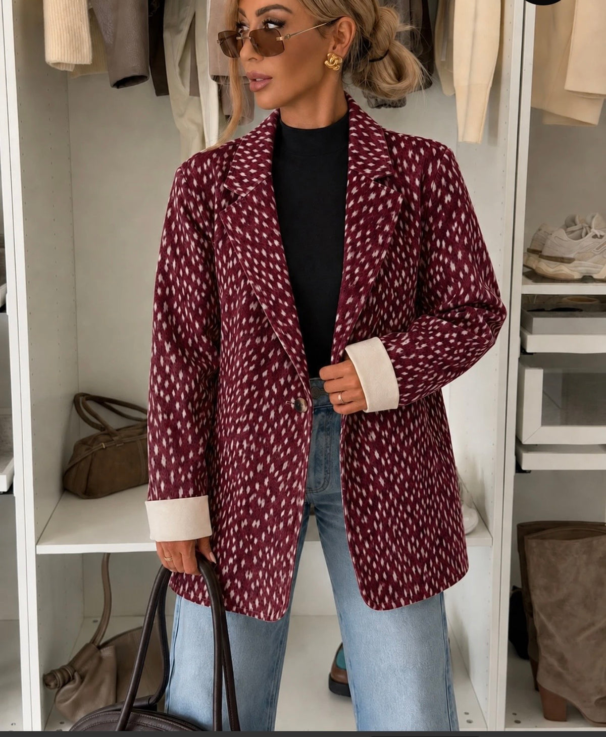 VESTE MI LONGUE SUEDINE IMPRIME BICHE  BORDEAUX TU 36/44