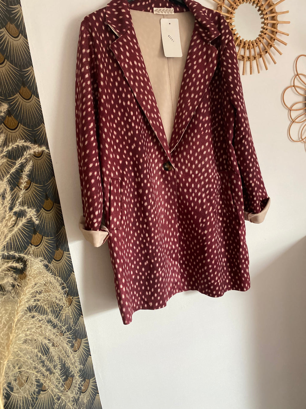 VESTE MI LONGUE SUEDINE IMPRIME BICHE  BORDEAUX TU 36/44