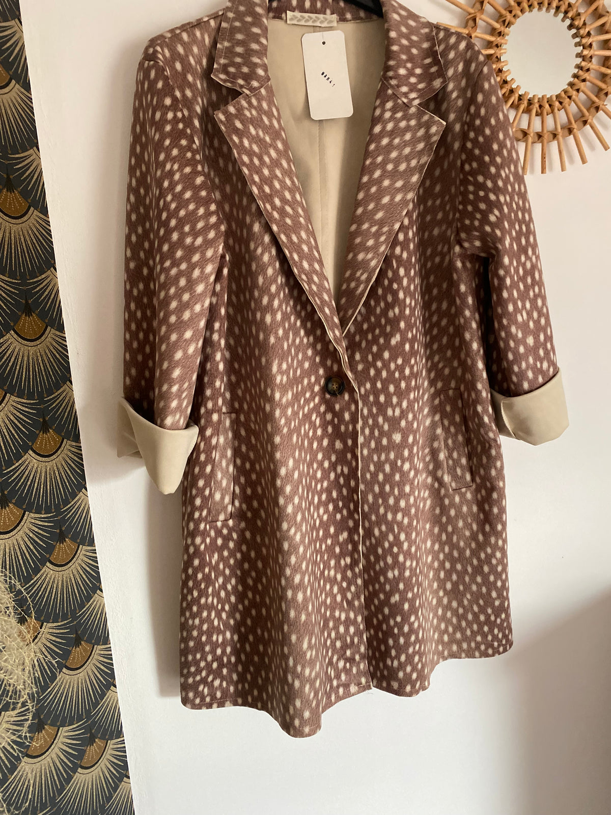 VESTE MI LONGUE SUEDINE IMPRIME BICHE  BEIGE TU 36/44