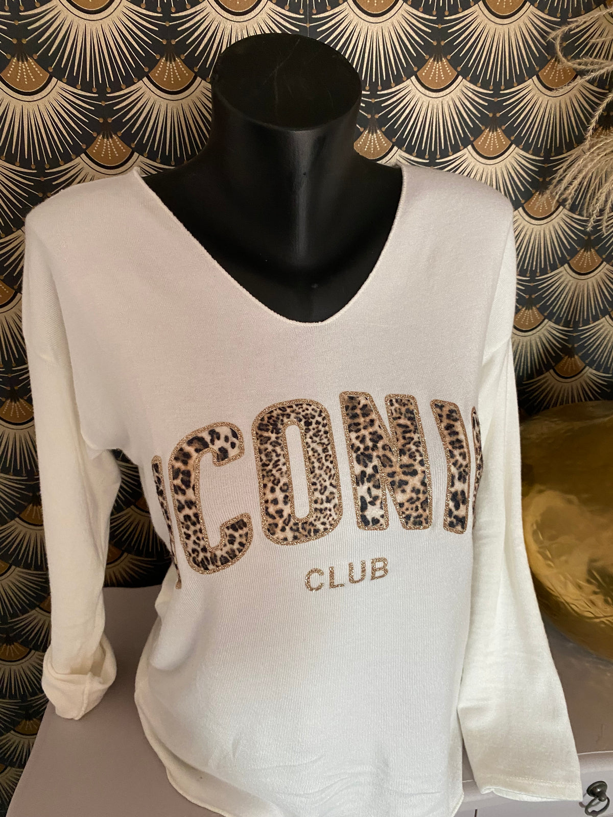 PULL FIN ICONIC LEOPARD  TU 34/42 PETIT 44 ECRU