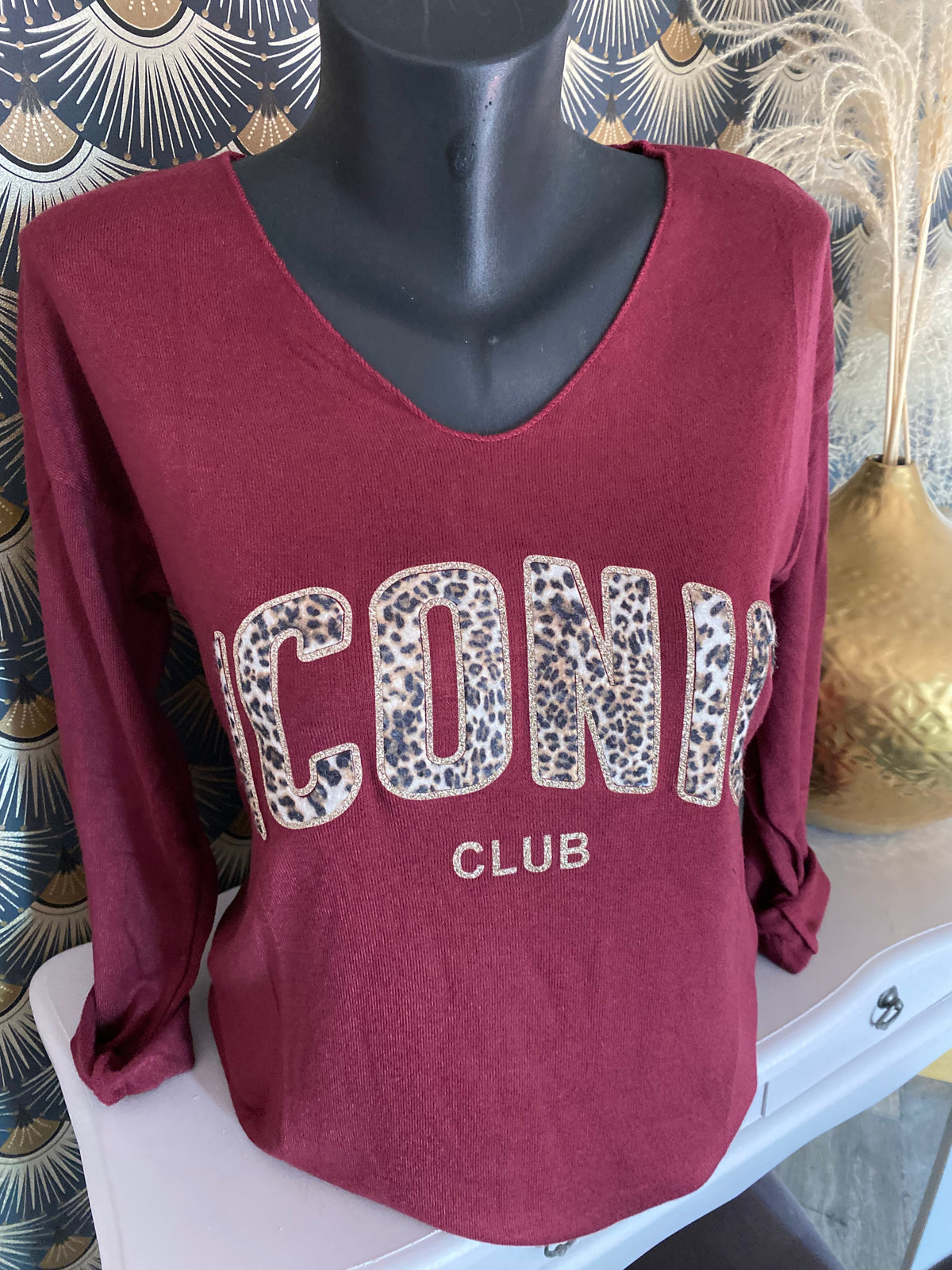 PULL FIN ICONIC LEOPARD  TU 34/42 PETIT 44 BORDEAUX
