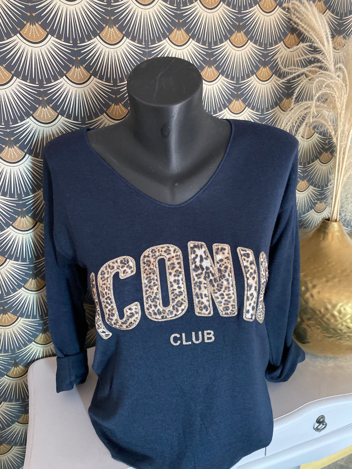 PULL FIN ICONIC LEOPARD  TU 34/42 PETIT 44 BLEU MARINE