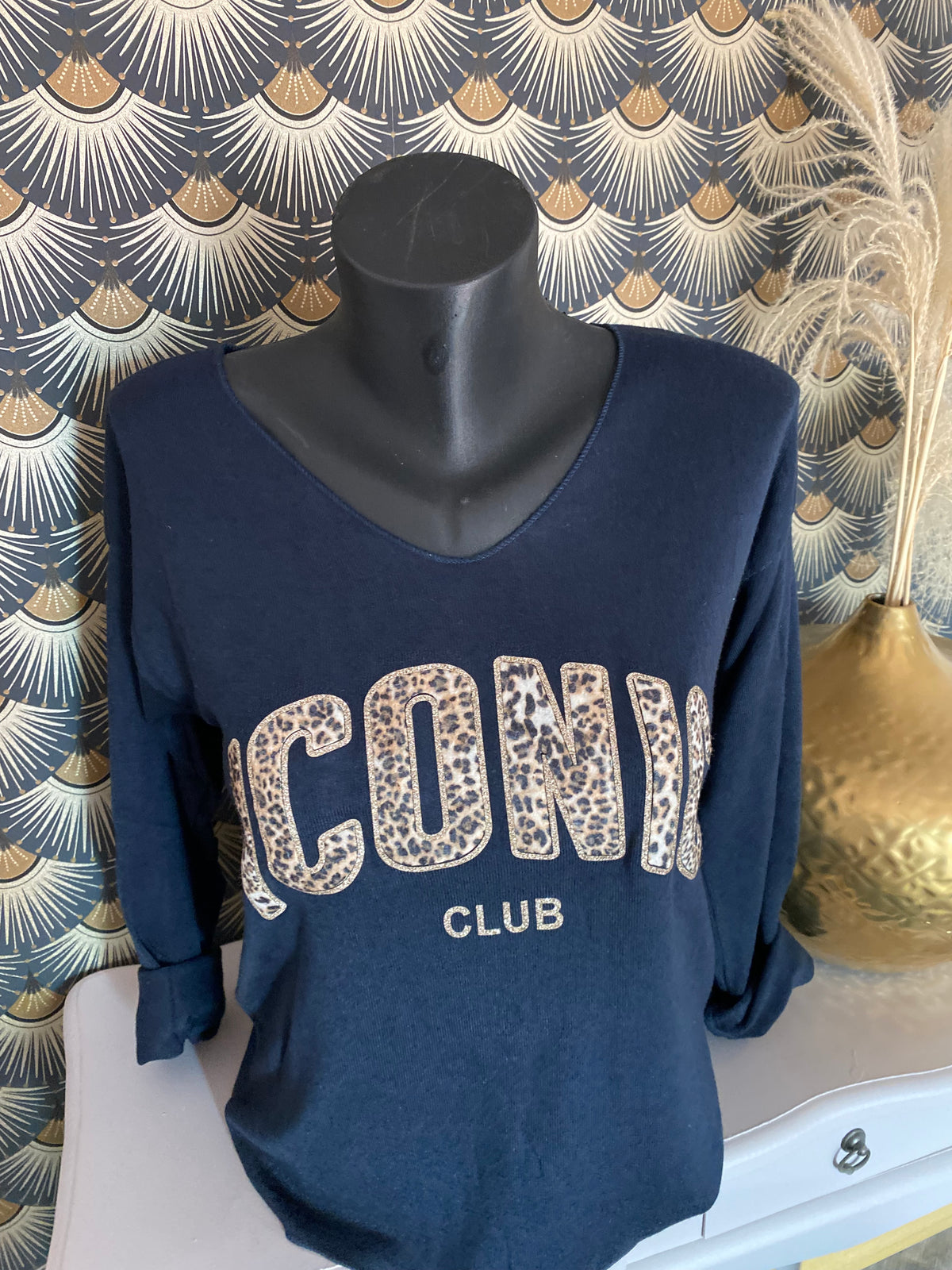 PULL FIN ICONIC LEOPARD  TU 34/42 PETIT 44 BLEU MARINE
