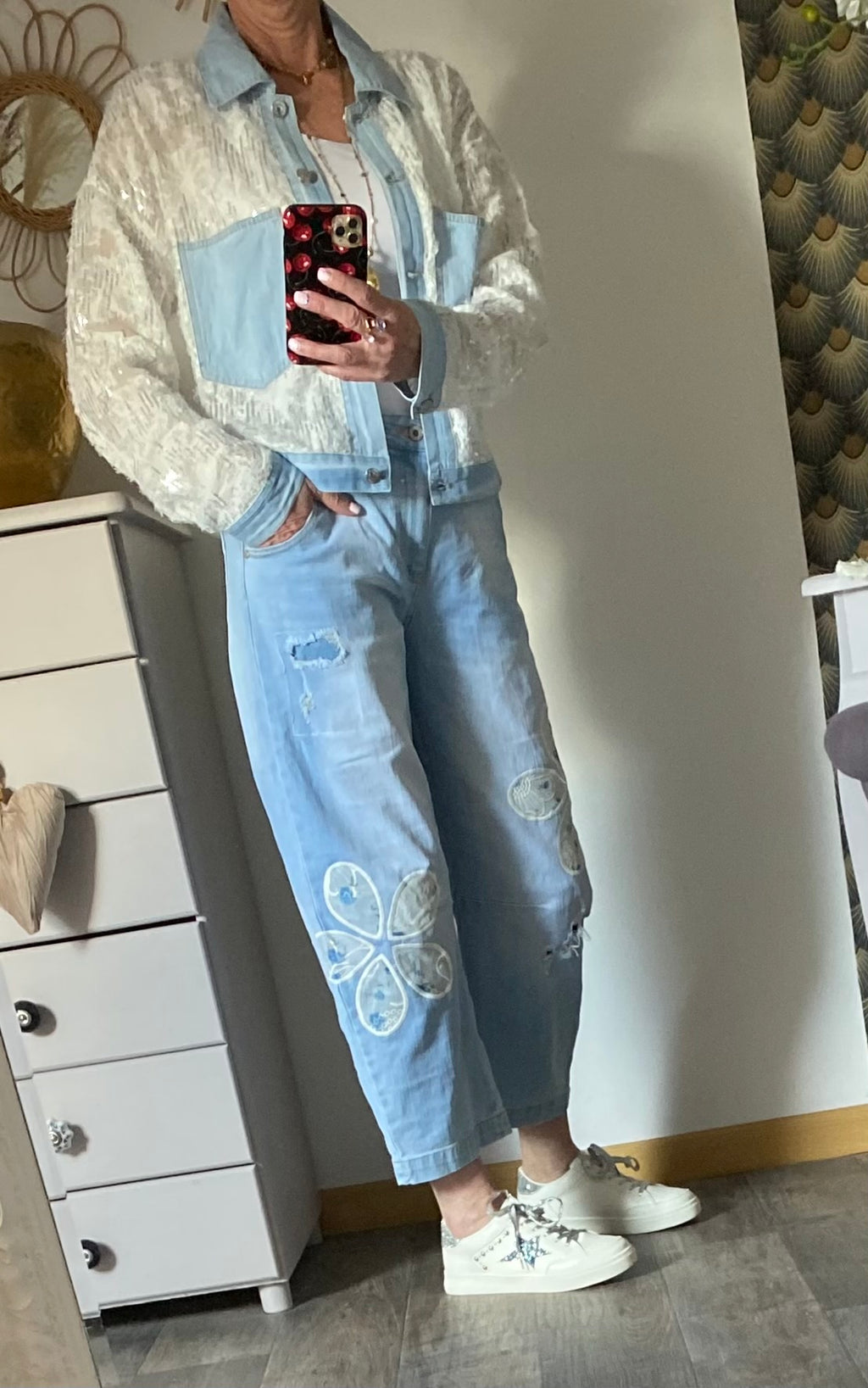 PANTALON JEAN FLEURS CARLA  TAILLES :S