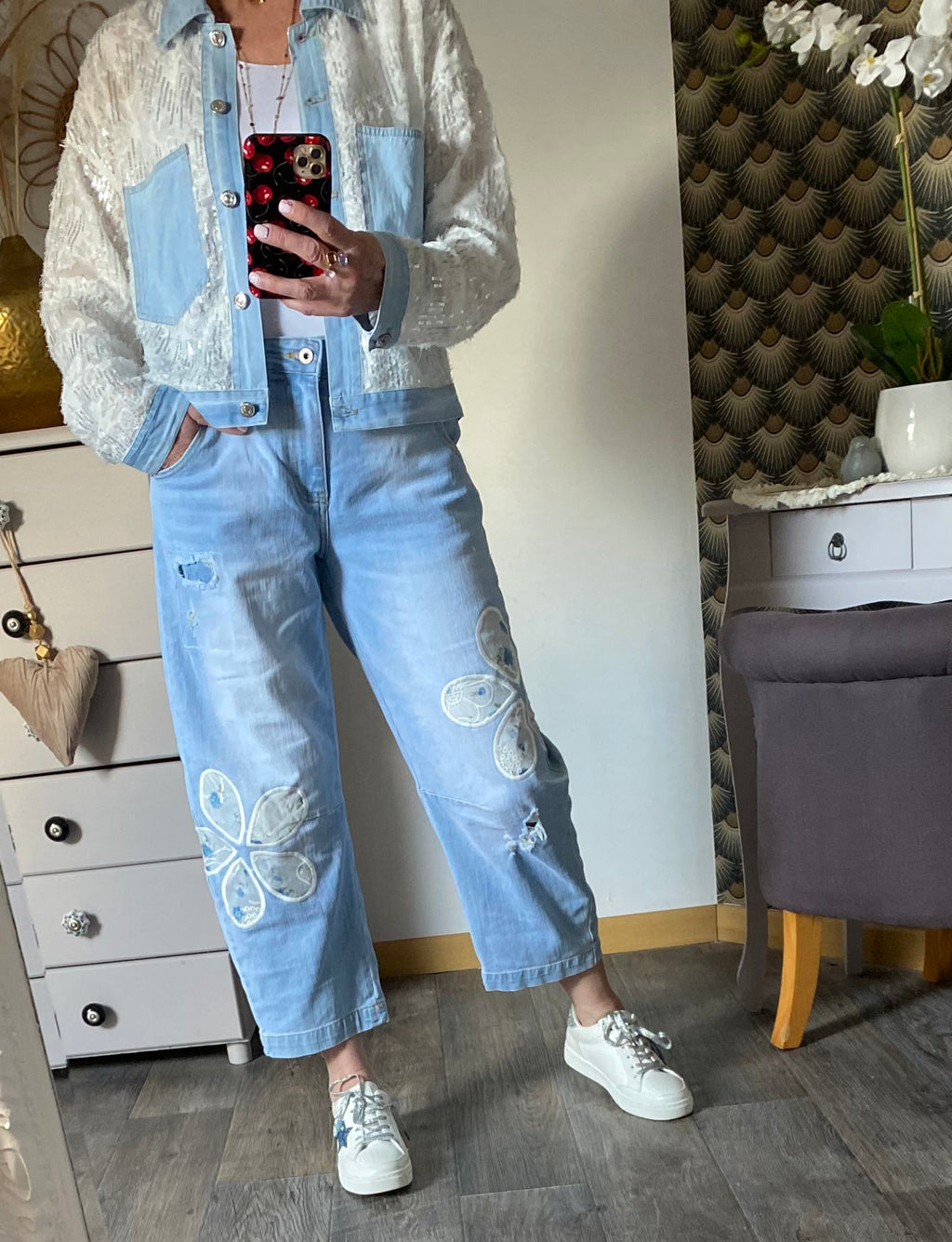 PANTALON JEAN FLEURS CARLA  TAILLES :S