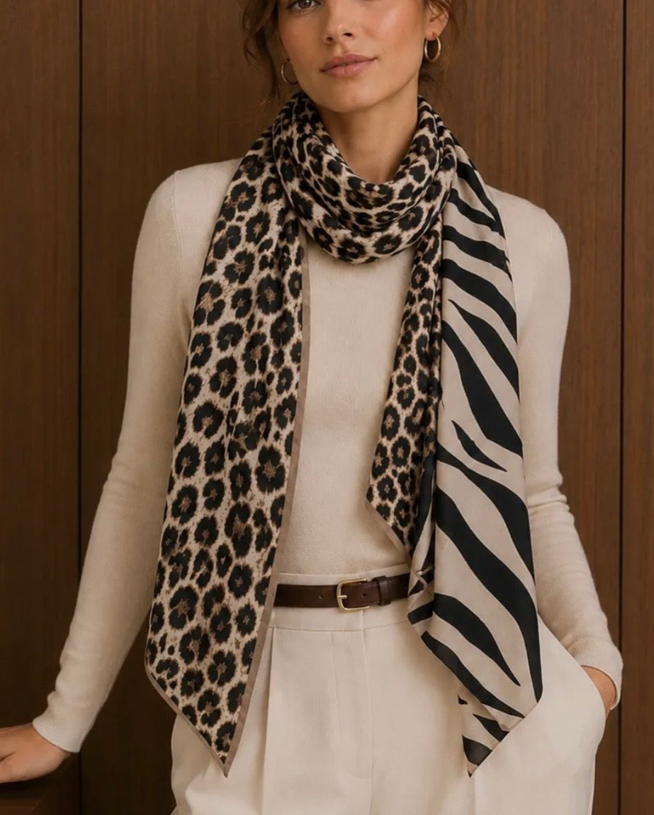 FOULARD 8 IMPRIME ZEBRE NOIR  100% VISCOSE