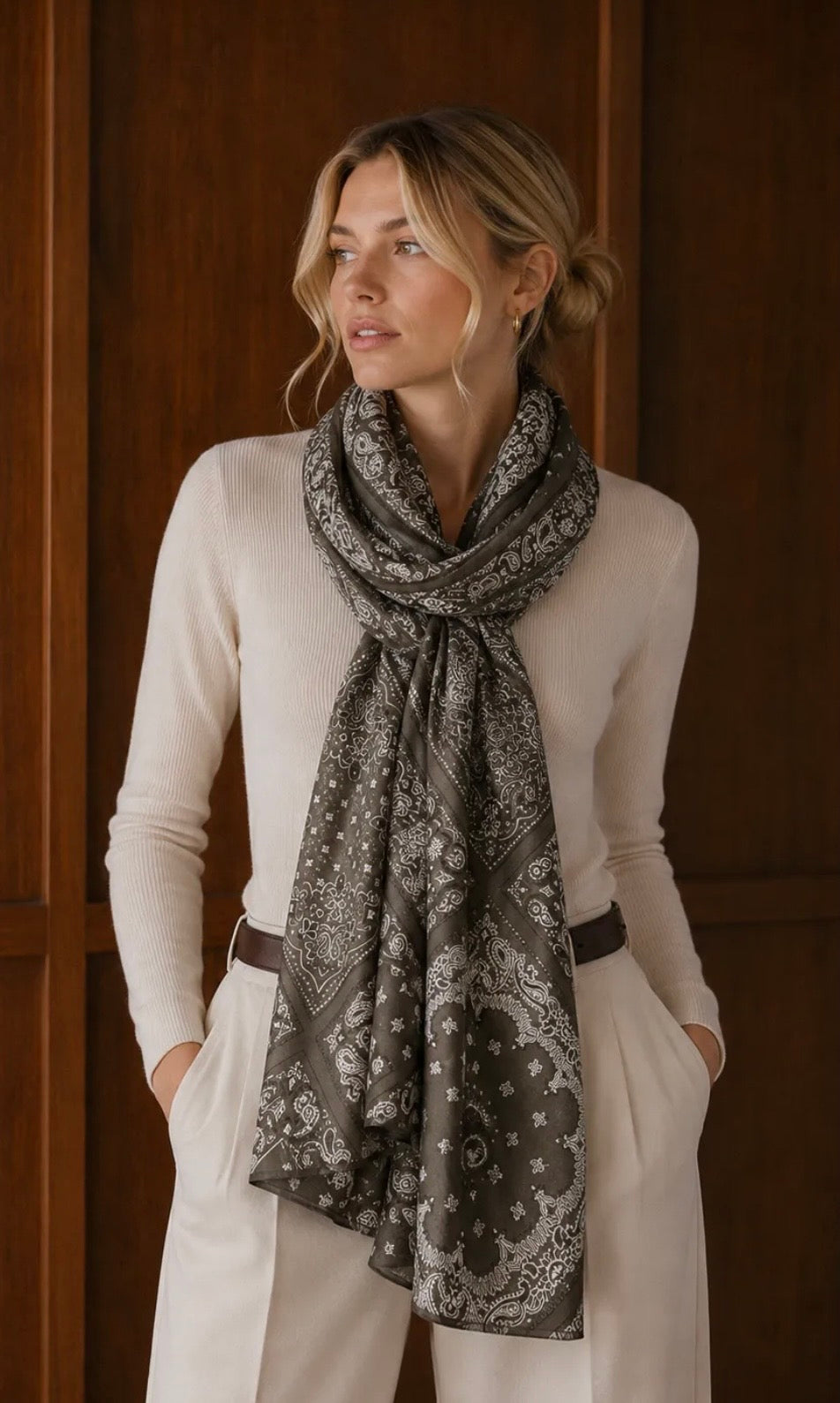 FOULARD 9 IMPRIME  100% VISCOSE  KAKI