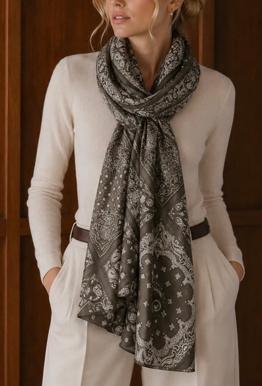 FOULARD 9 IMPRIME  100% VISCOSE  KAKI