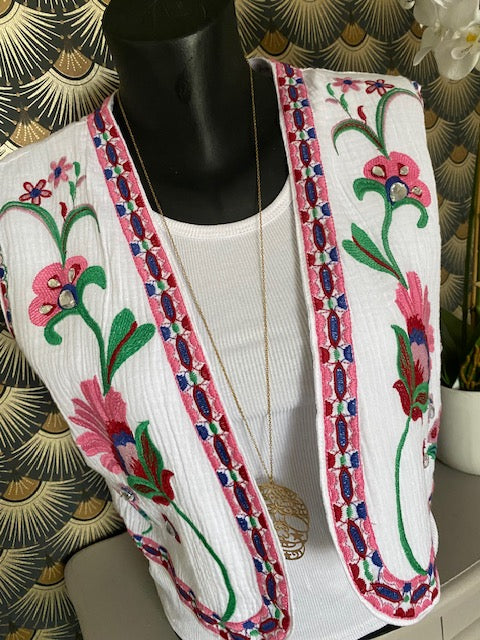 GILET BRODE  BLANC ET ROSE     34/42