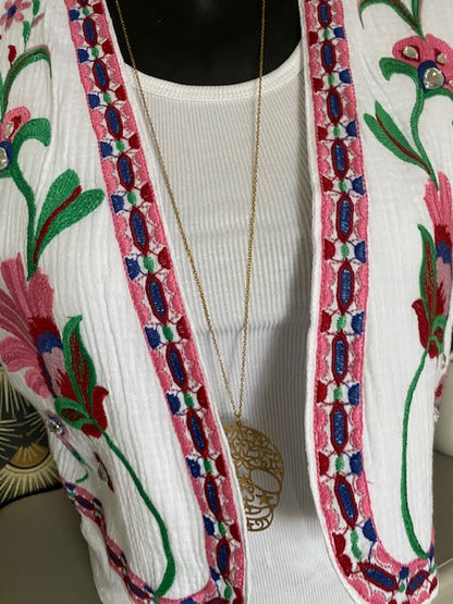 GILET BRODE  BLANC ET ROSE     36/42 PETIT 44