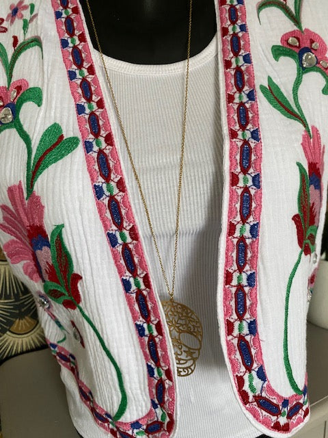 GILET BRODE  BLANC ET ROSE     36/42 PETIT 44