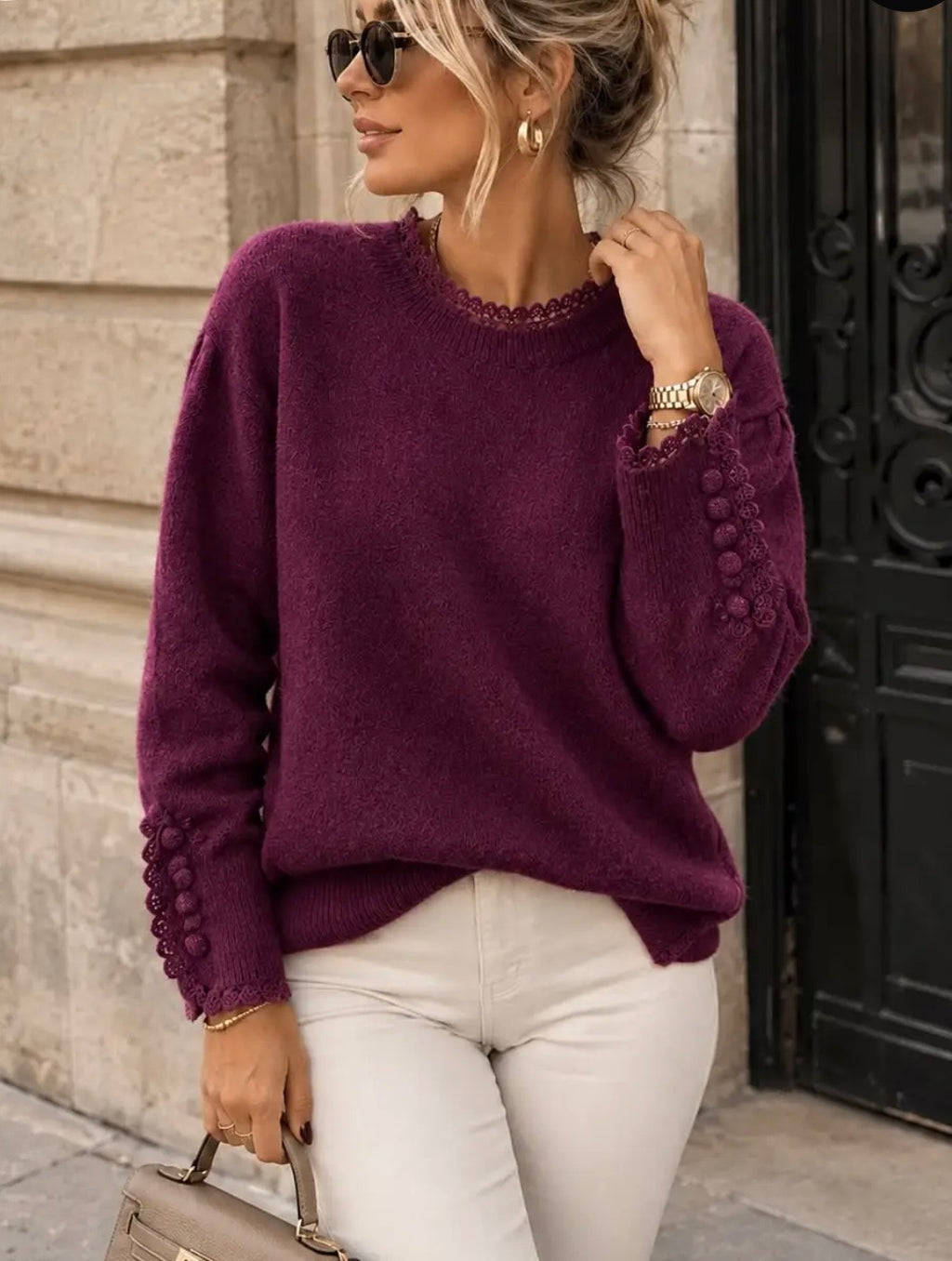 PULL ROMANCE PRUNE  TU 36/42 PETIT 44  DENTELLE ET BOUTONS