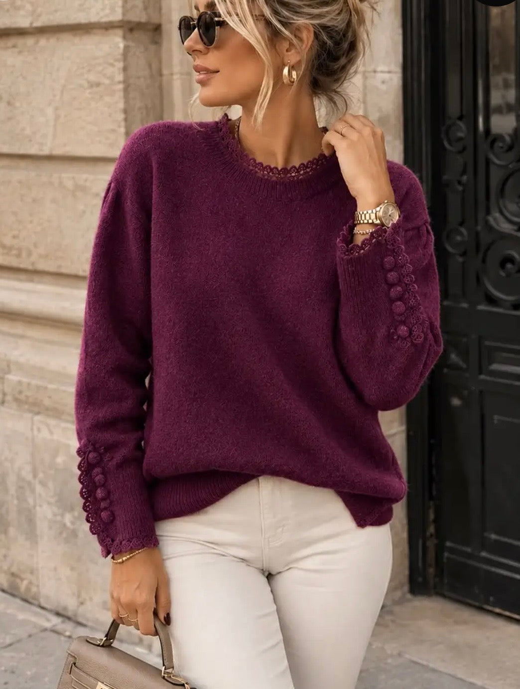PULL ROMANCE PRUNE  TU 36/42 PETIT 44  DENTELLE ET BOUTONS