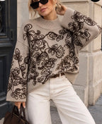 PULL SANDY  TAUPE AVEC BRODERIES CHOCO TU36/42