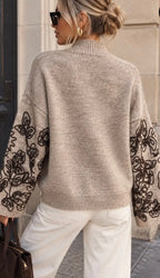 PULL SANDY  TAUPE AVEC BRODERIES CHOCO TU36/42