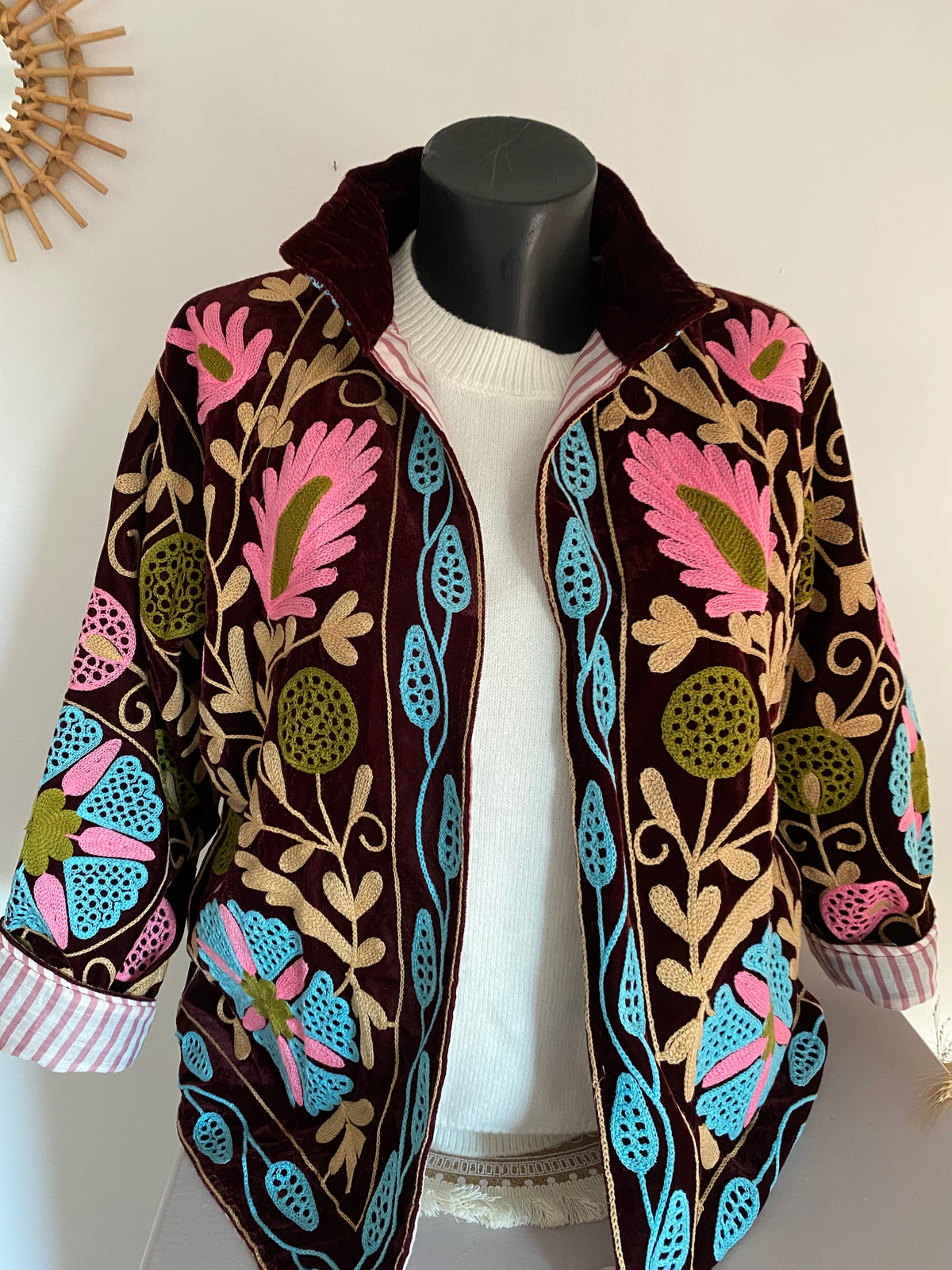 VESTE VELOURS BRODEE  BORDEAUX   TU 36/42
