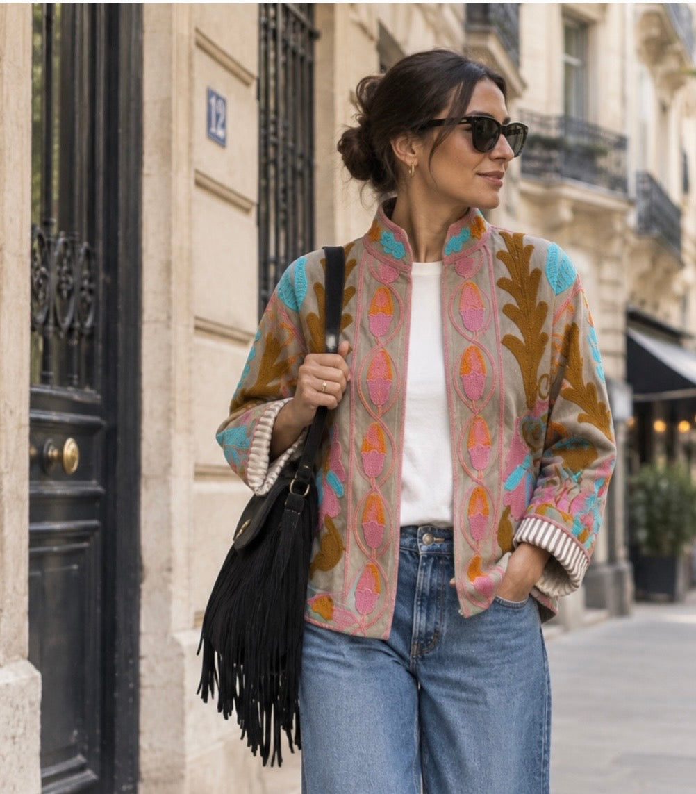 VESTE VELOURS BRODEE  TAUPE   TU 36/42