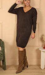ROBE MAILLE COL V TU 36/42 PETIT 44  EXISTE EN CHOCO , NOIR , BEIGE