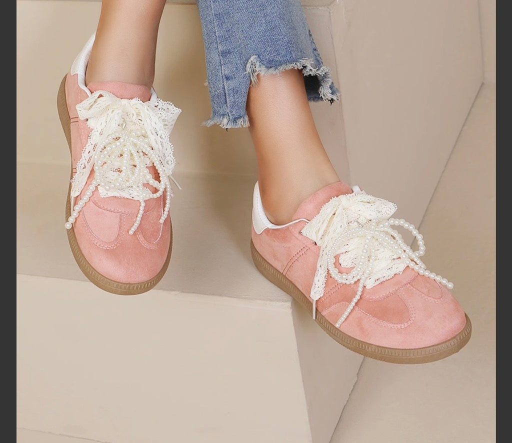 BASKETS A LACETS DENTELLE ET BIJOUX  ROSE PALE  36/37/38/39/40/41