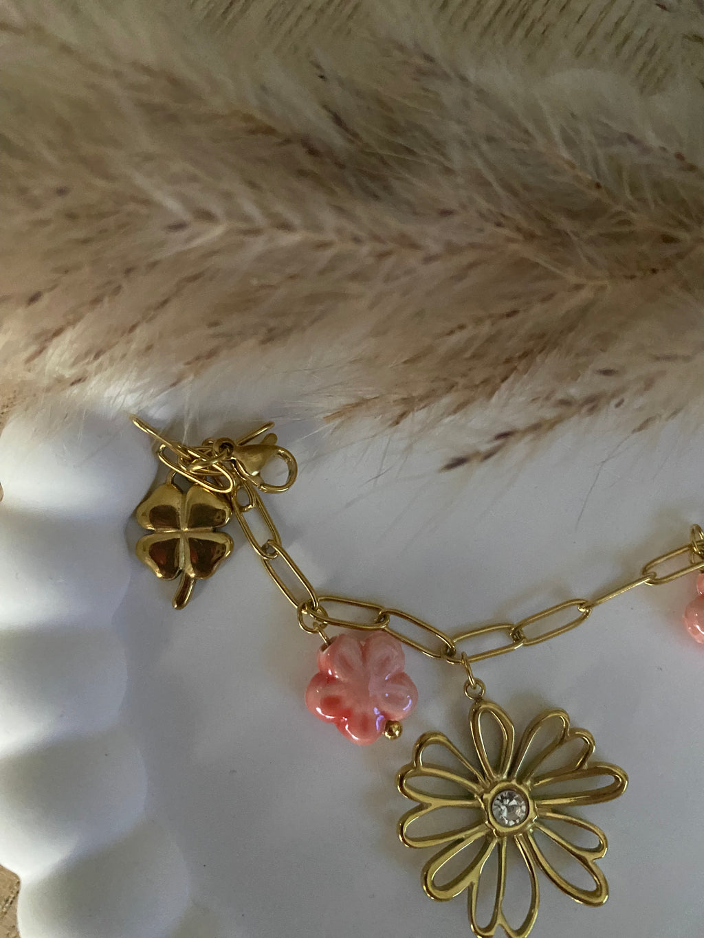 Bracelet breloques fleur rose acier inoxydable