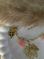 Bracelet breloques fleur rose acier inoxydable