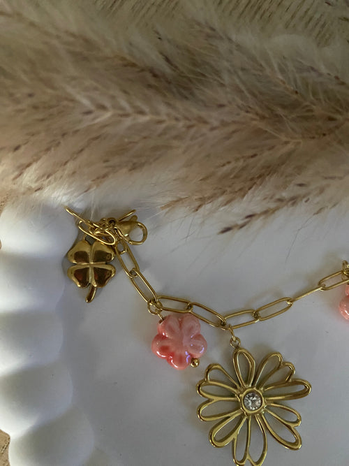Bracelet breloques fleur rose acier inoxydable