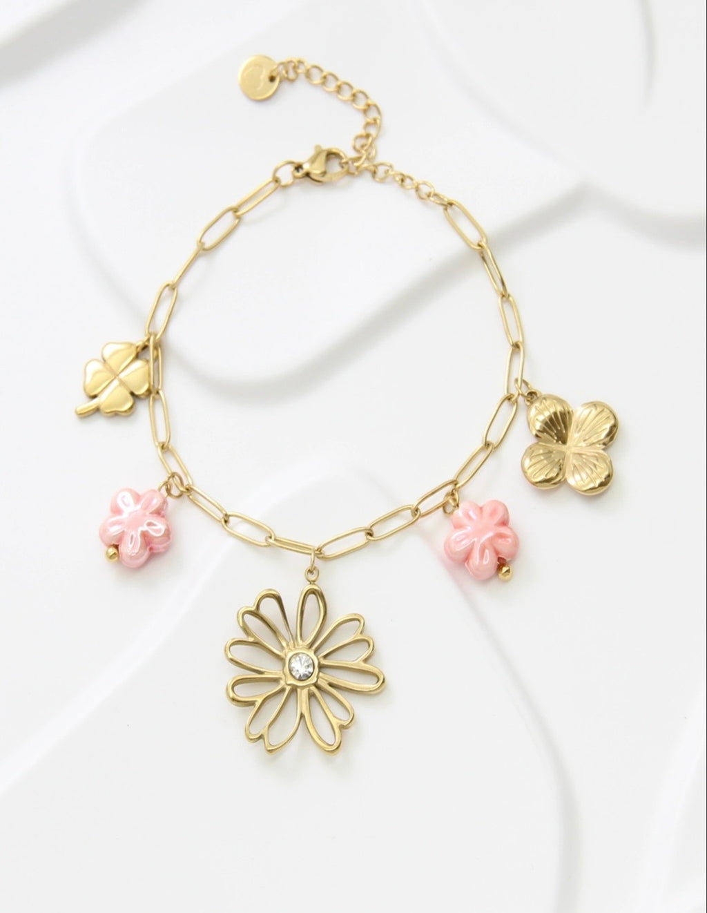 Bracelet breloques fleur rose acier inoxydable