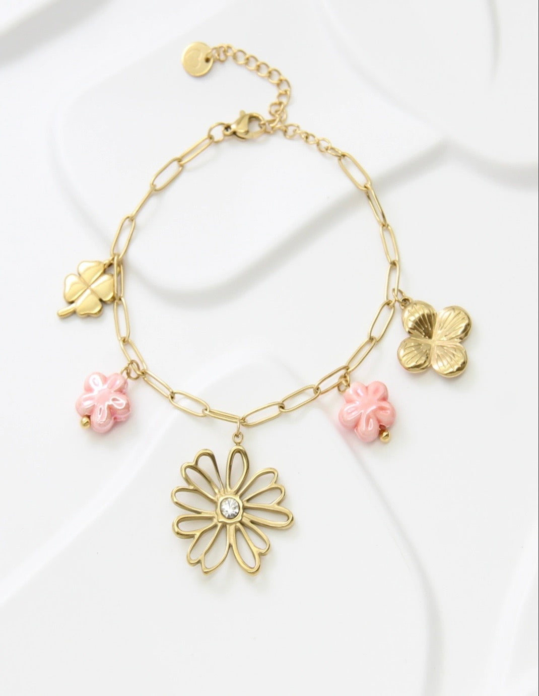Bracelet breloques fleur rose acier inoxydable