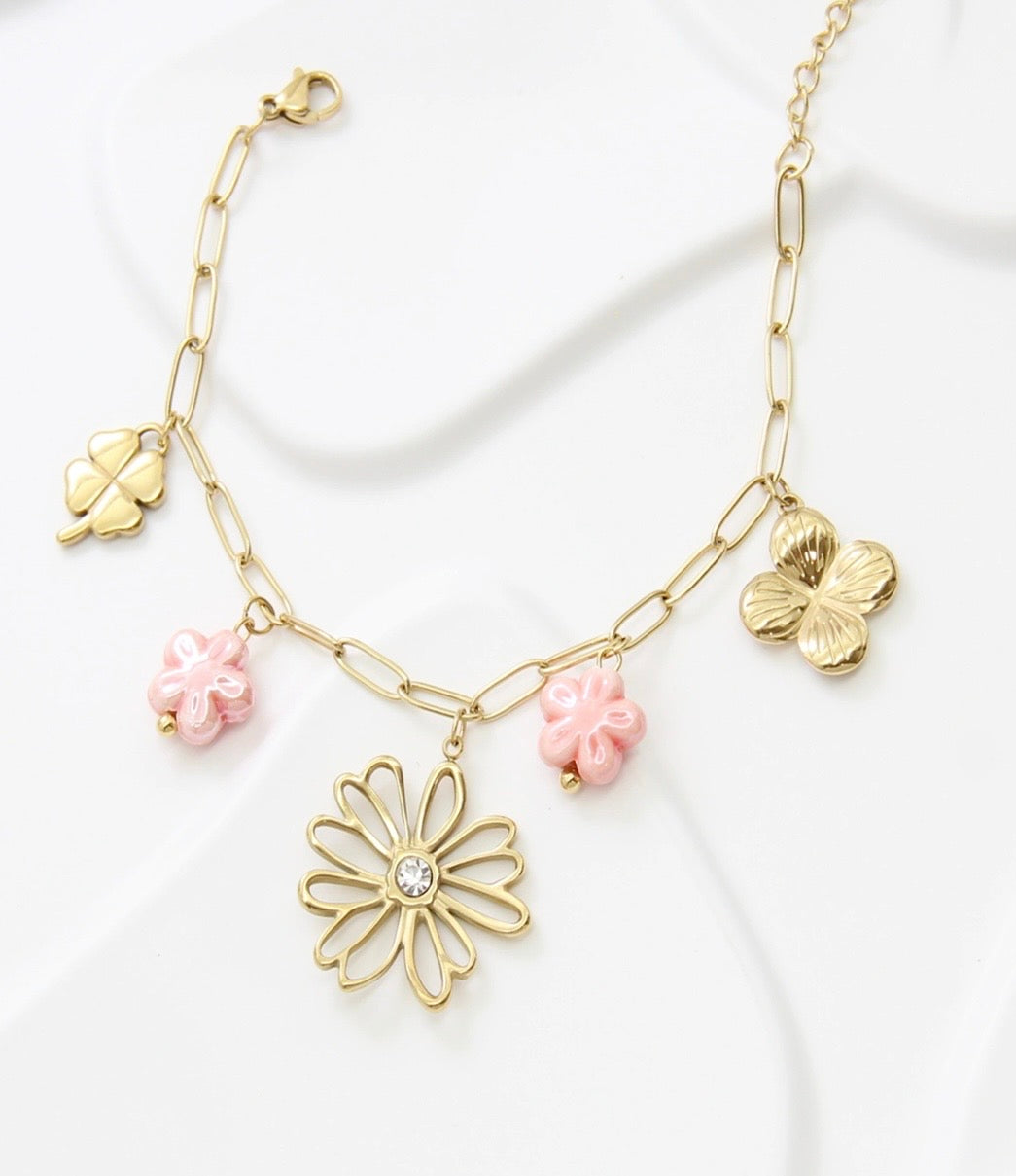 Bracelet breloques fleur rose acier inoxydable