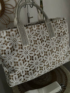 SAC CROCHET , CUIR  ET STRASS  BLANC