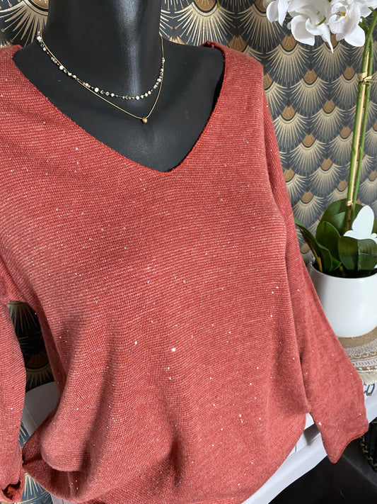 PULL  FIN SEQUINS BRIQUE  TU 38/42 petit 44