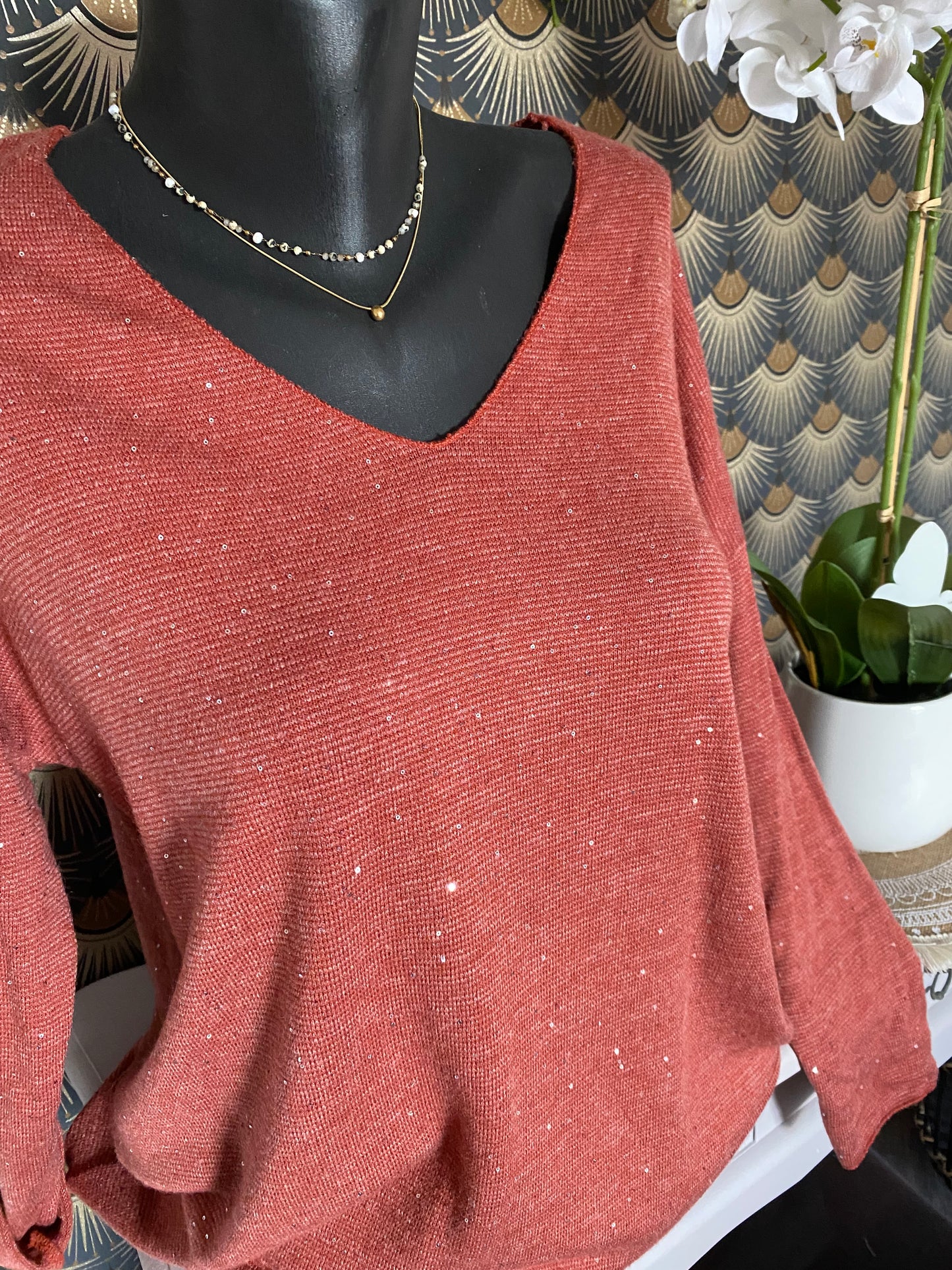PULL  FIN SEQUINS BRIQUE  TU 38/42 petit 44