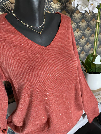PULL  FIN SEQUINS BRIQUE  TU 38/42 petit 44