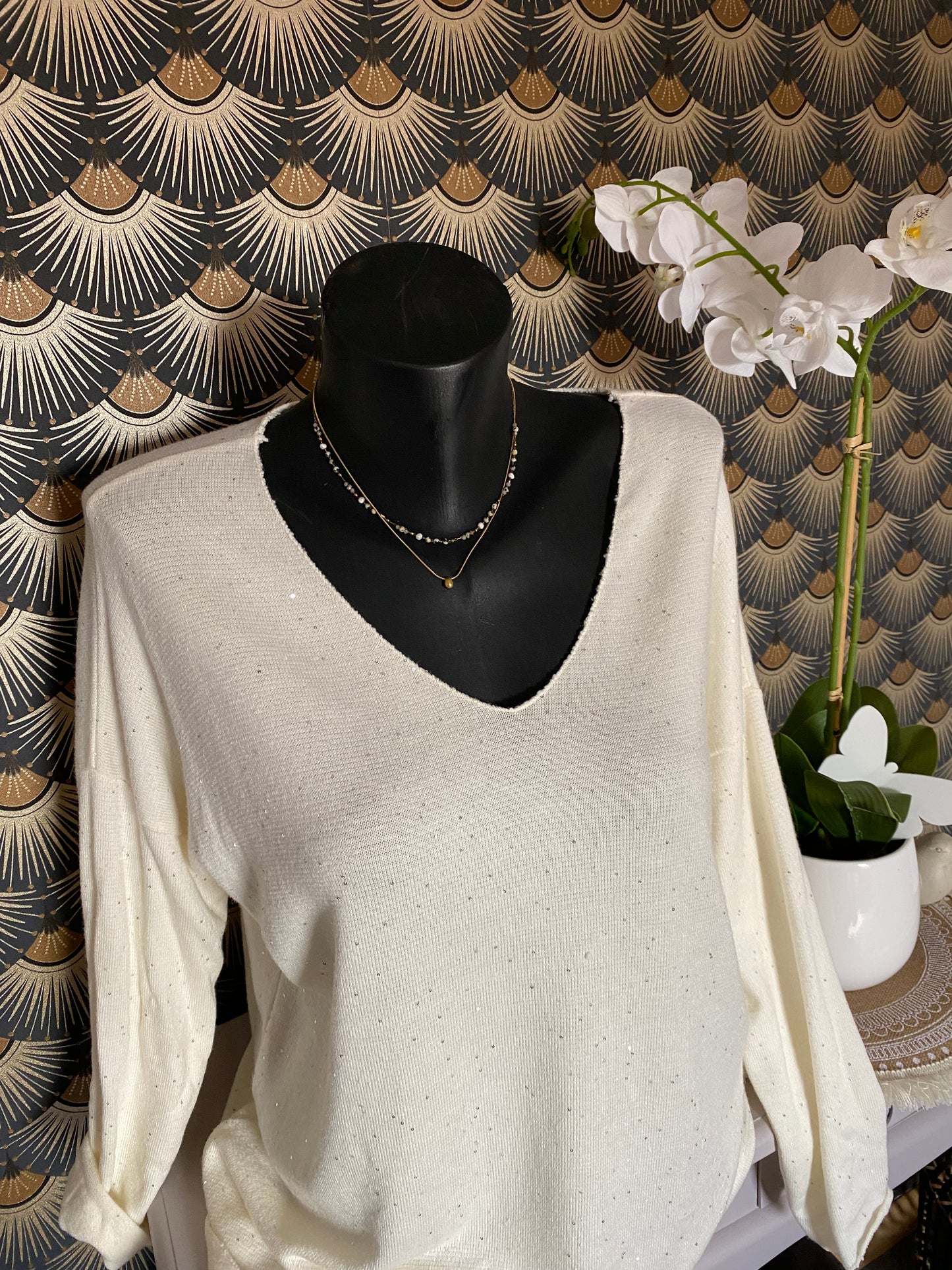 PULL  FIN SEQUINS ECRU TU 38/42 petit 44