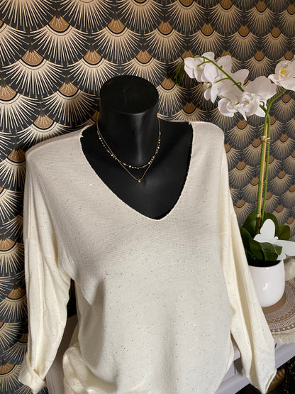 PULL  FIN SEQUINS ECRU TU 38/42 petit 44