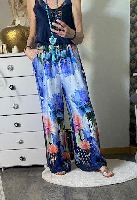 PANTALON SOIE BLEU  TAILLE UNIQUE JUSQU' A UN 46