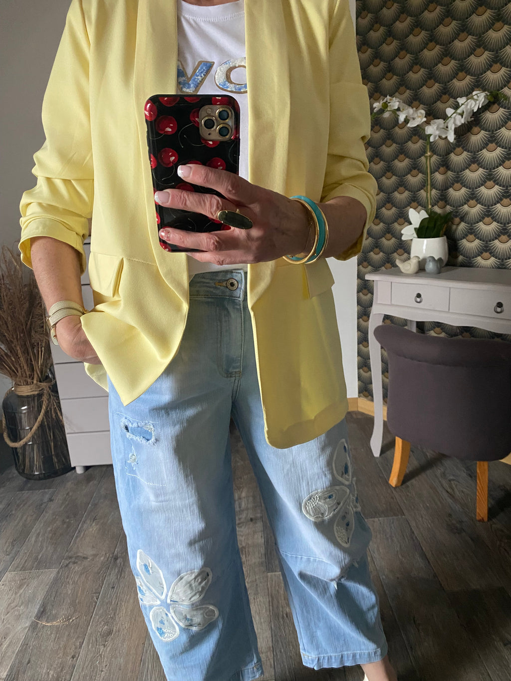 VESTE BLAZER MANCHES TROIS QUART  PLISSE  JAUNE PALE   TU 36/42