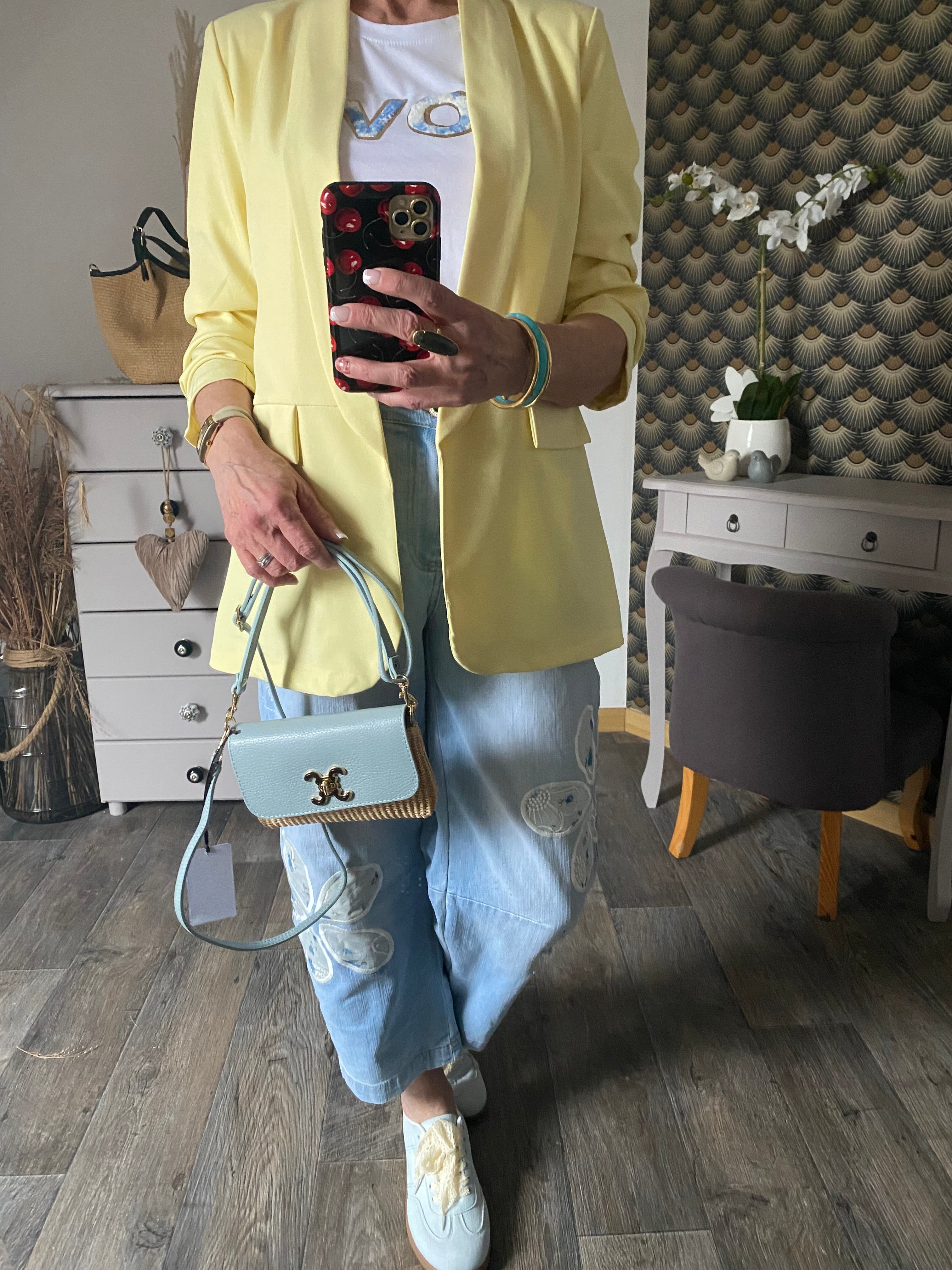 VESTE BLAZER MANCHES TROIS QUART  PLISSE  JAUNE PALE   TU 36/42