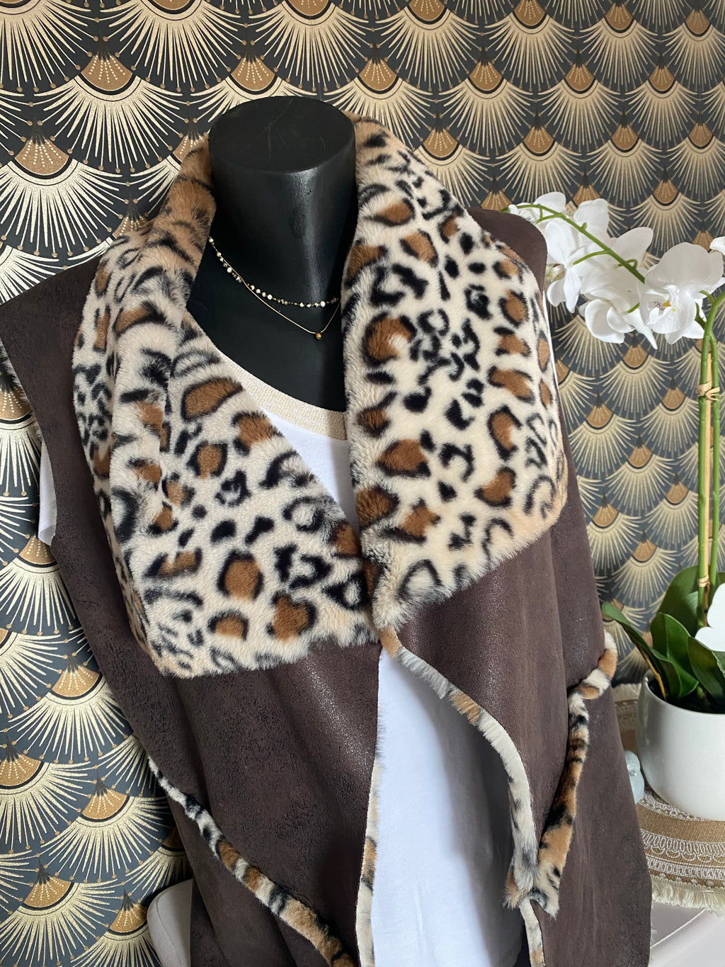 VESTE SANS MANCHE LEOPARD CHOCO     36/42 petit 44