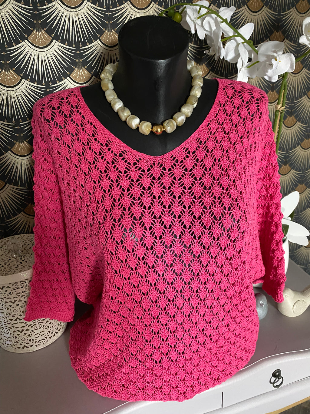 PULL CROCHET FUSHIA  TU 38/44 PETIT 46