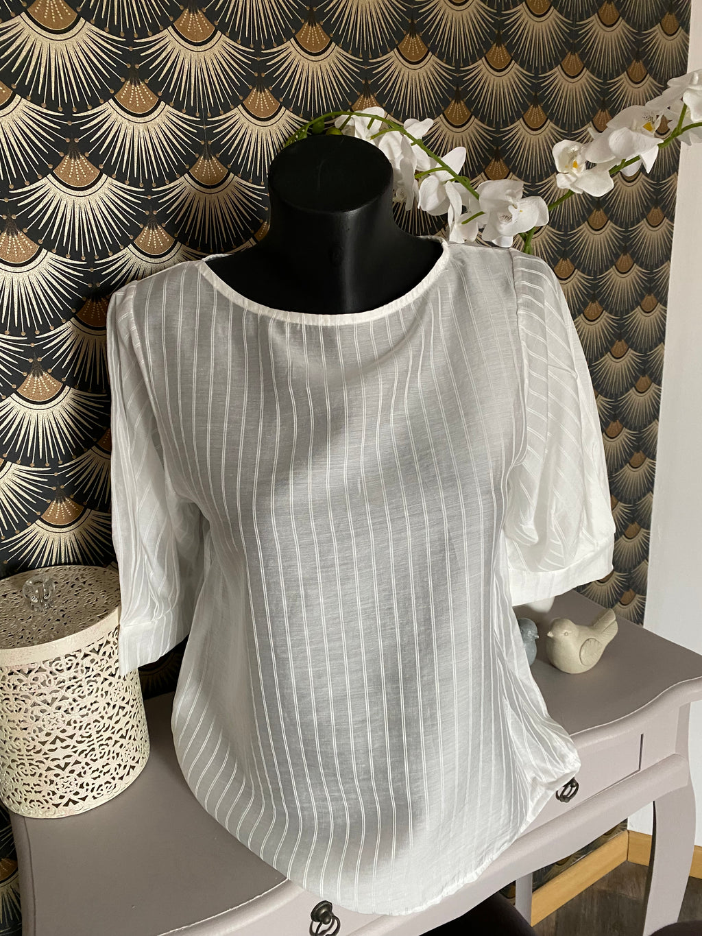 TOP CORINNE FINES RAYURES BLANC  TU 34/40  LYOCEL