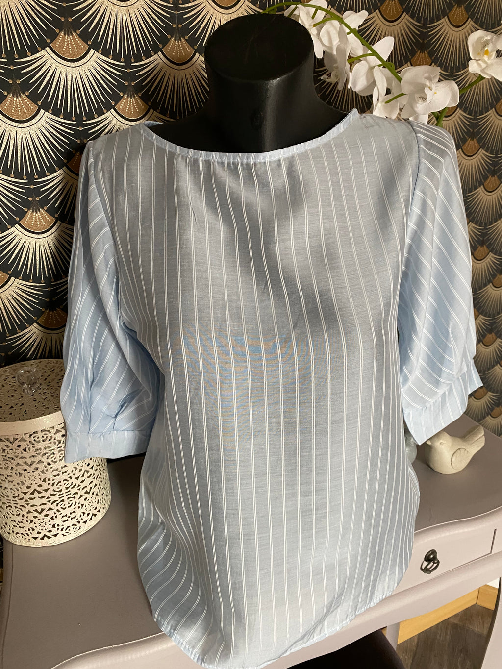 TOP CORINNE FINES RAYURES BLEU   TU 34/40  LYOCEL