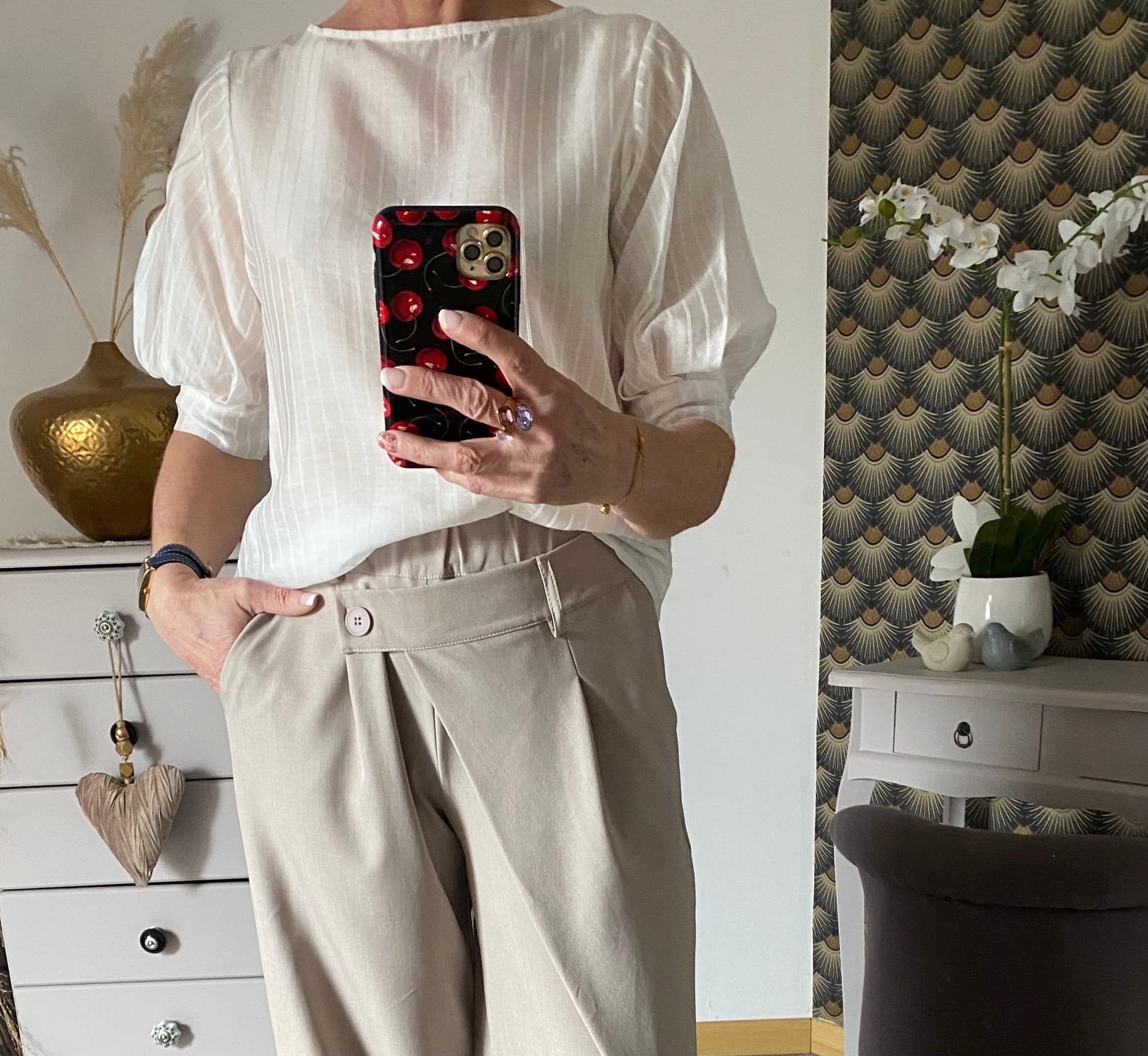 TOP CORINNE FINES RAYURES BLANC  TU 34/40  LYOCEL